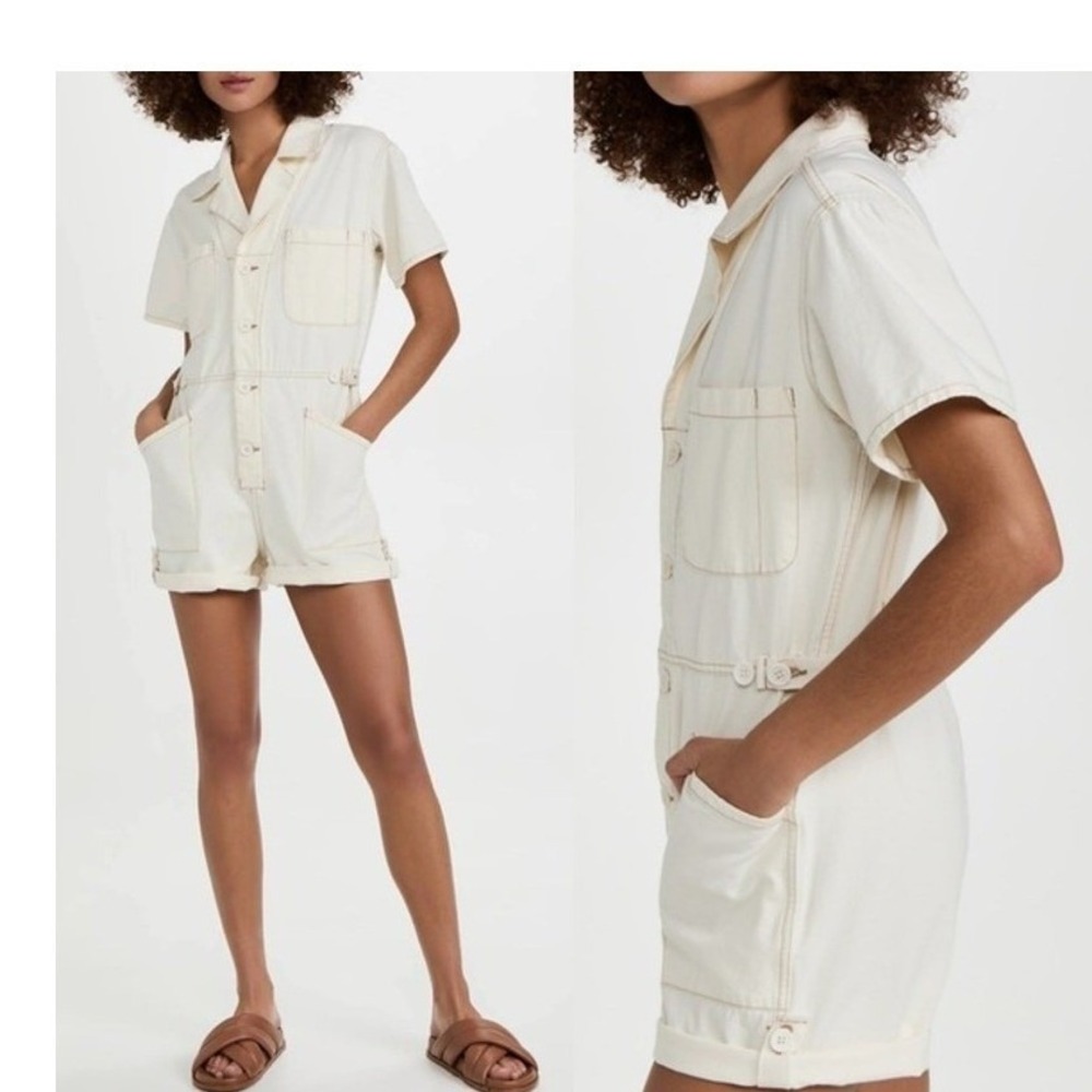 Pistola Parker Short Sleeve Denim Romper Ecru Sm Utility Boiler suit Minimalist
